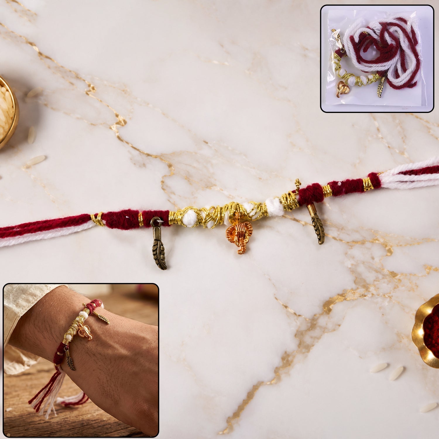 Ganesh charm rakhi with feather pendants on beaded thread