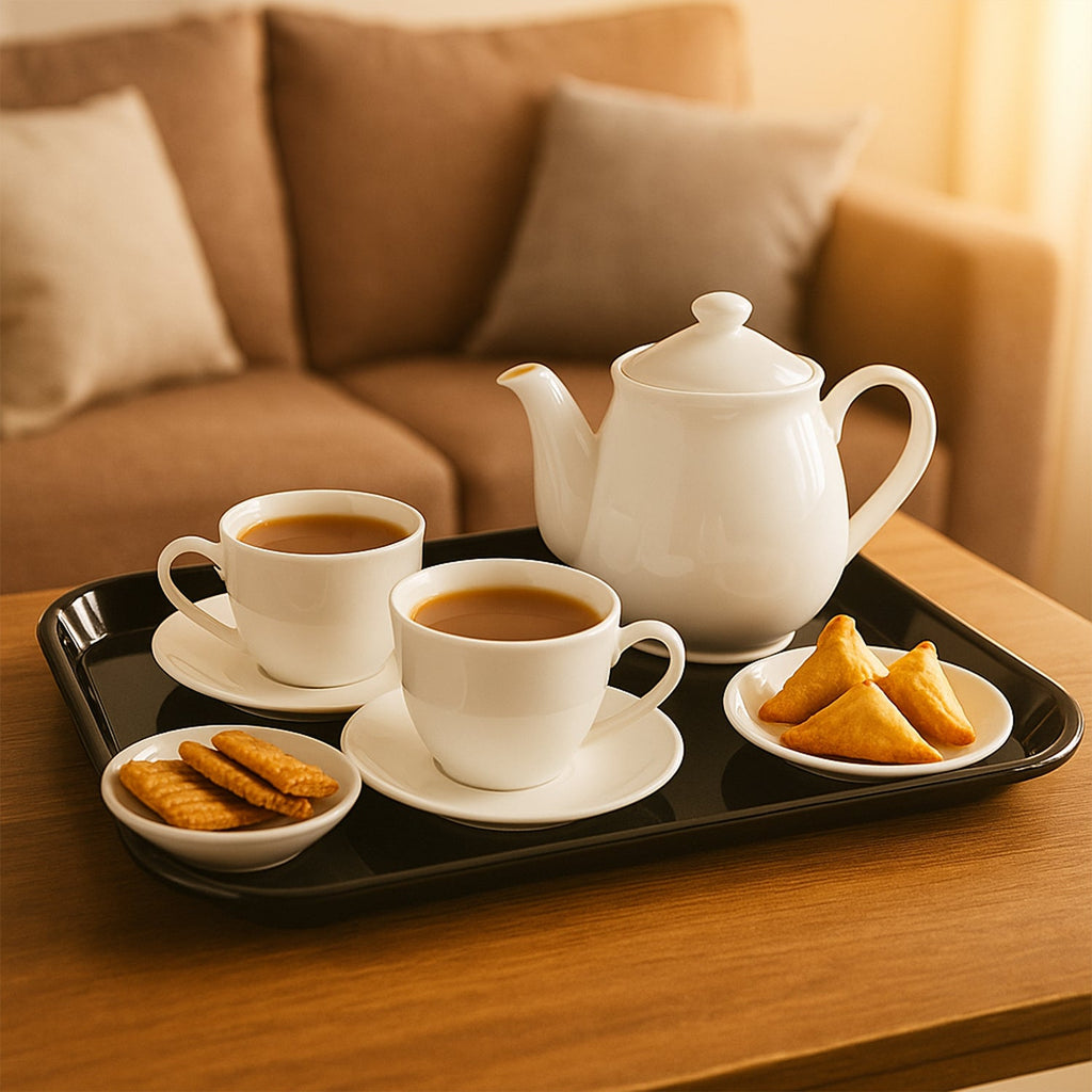Top view of 40x30 cm black plastic serving tray displaying generous serving area