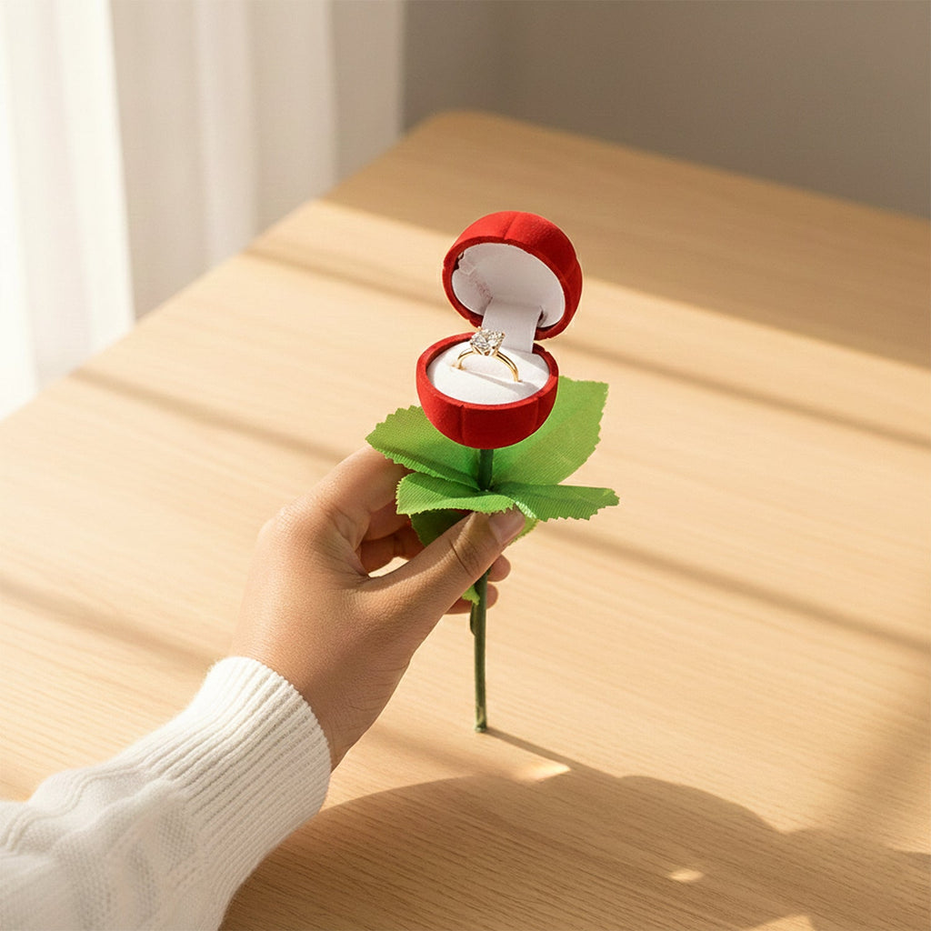 Full view of artificial rose ring box set for secure ring storage and decorative gifting