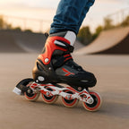 Red roller boots designed for outdoor skating with adjustable straps