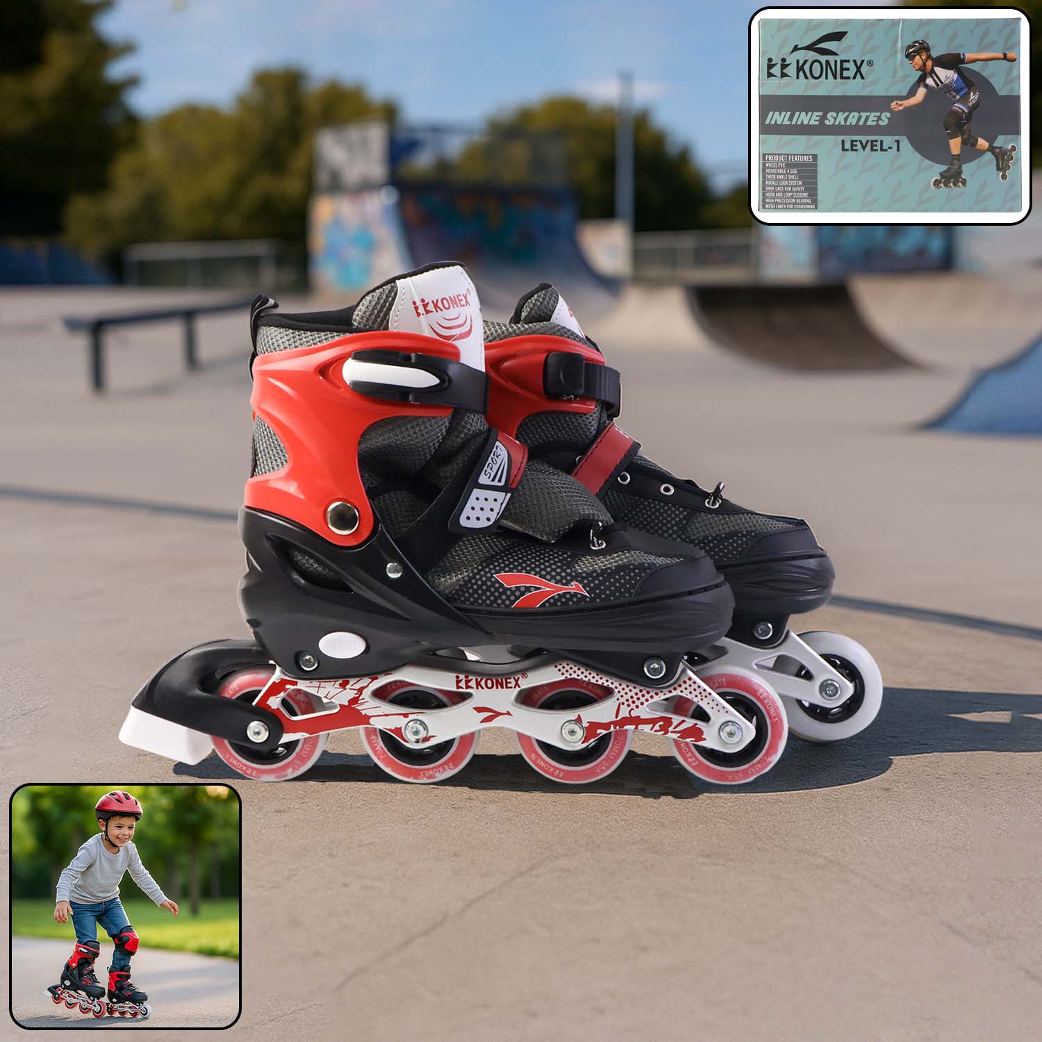 Red and black adjustable inline skates XL size with durable aluminum frame