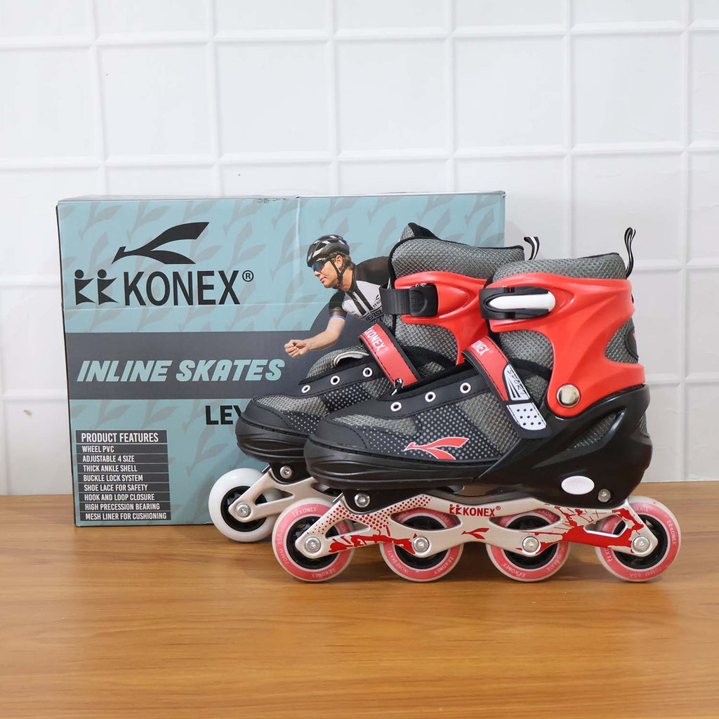 Adjustable inline skates placed outdoors, suitable for fitness skating