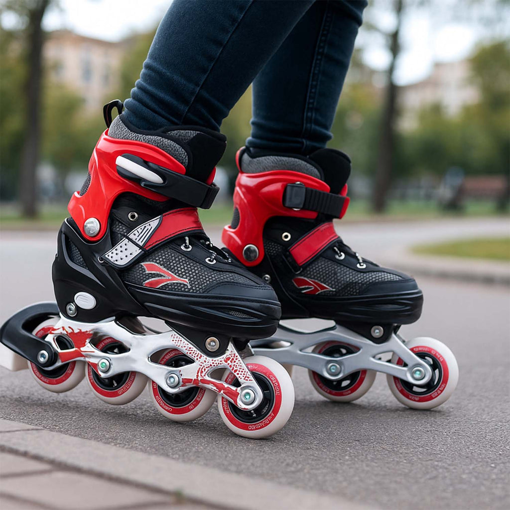 Front view of red adjustable inline skates medium size with triple closure system