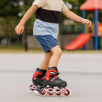 Side view of medium size adjustable inline skates in red color for recreational use