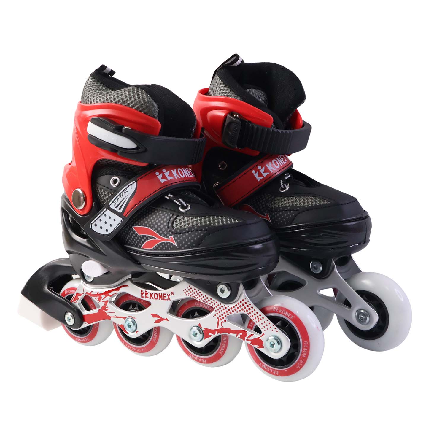 Pair of red inline skates with premium PU wheels and rear heel brake for safe stopping
