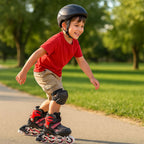 Red medium size recreation inline skates with sturdy PU wheels and brake
