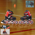 Medium size adjustable inline skates for kids and adults with aluminum frame and red design