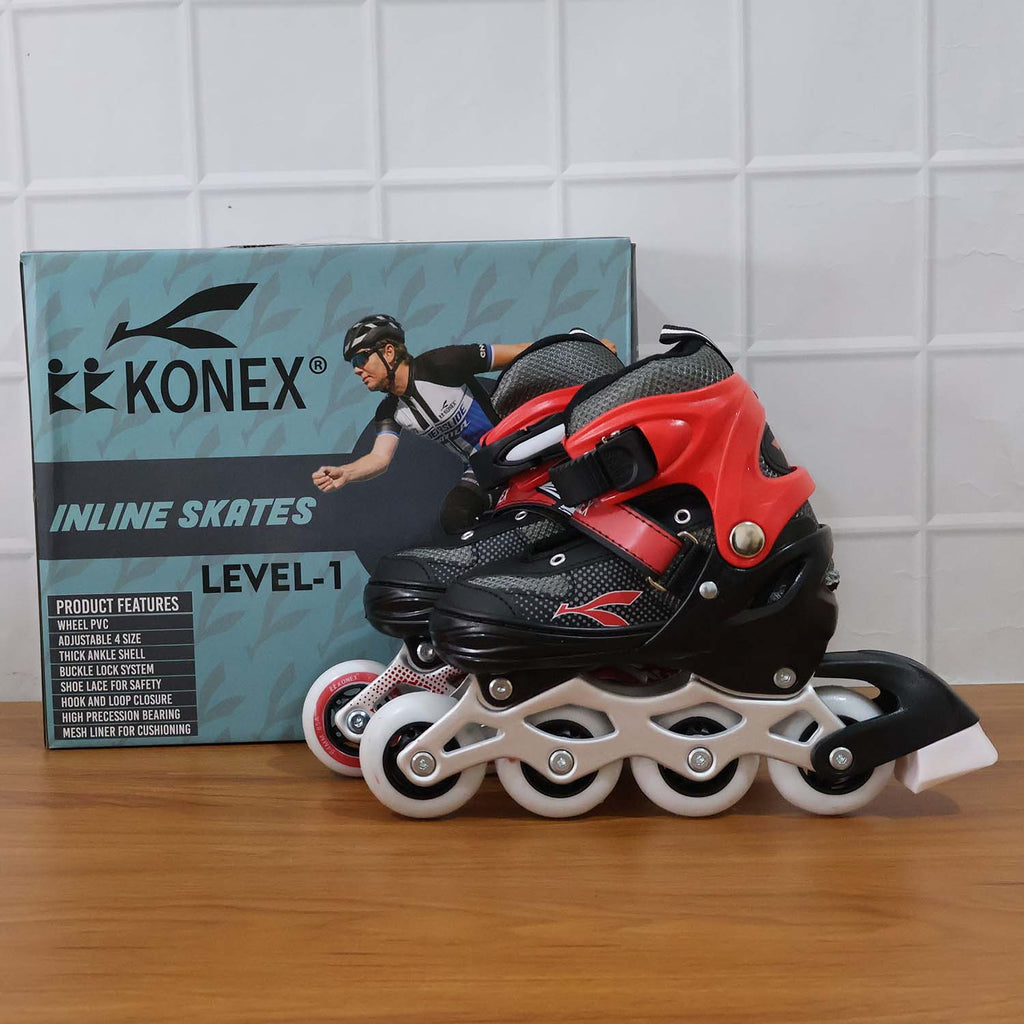 Outdoor fitness inline skates in red color with adjustable size and PU wheels for stability