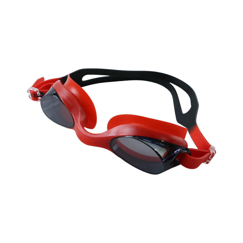 Side view of red swimming goggles with adjustable strap