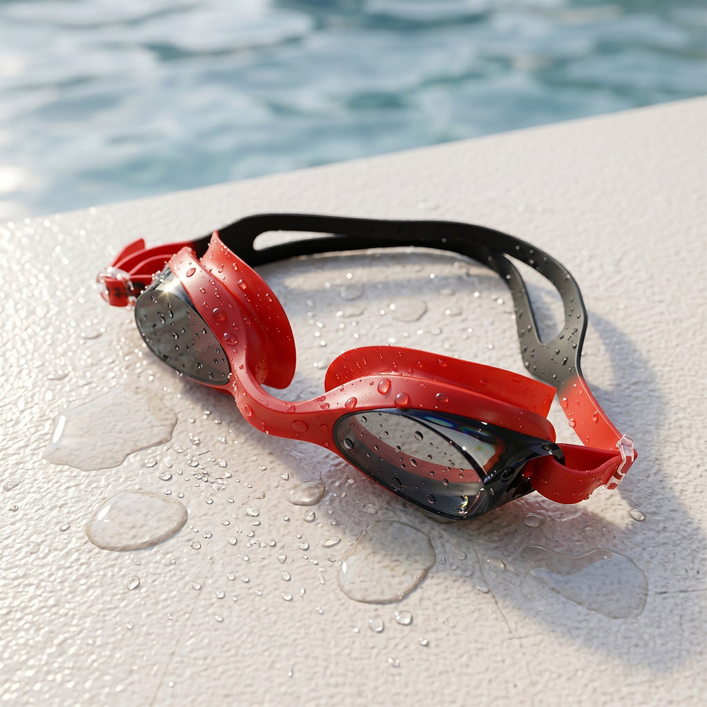 Red swimming goggles packaging in protective case