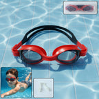 Front view of premium red swimming goggles with anti-fog lenses