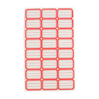Single sheet showing multiple red and white self-adhesive rectangular label stickers