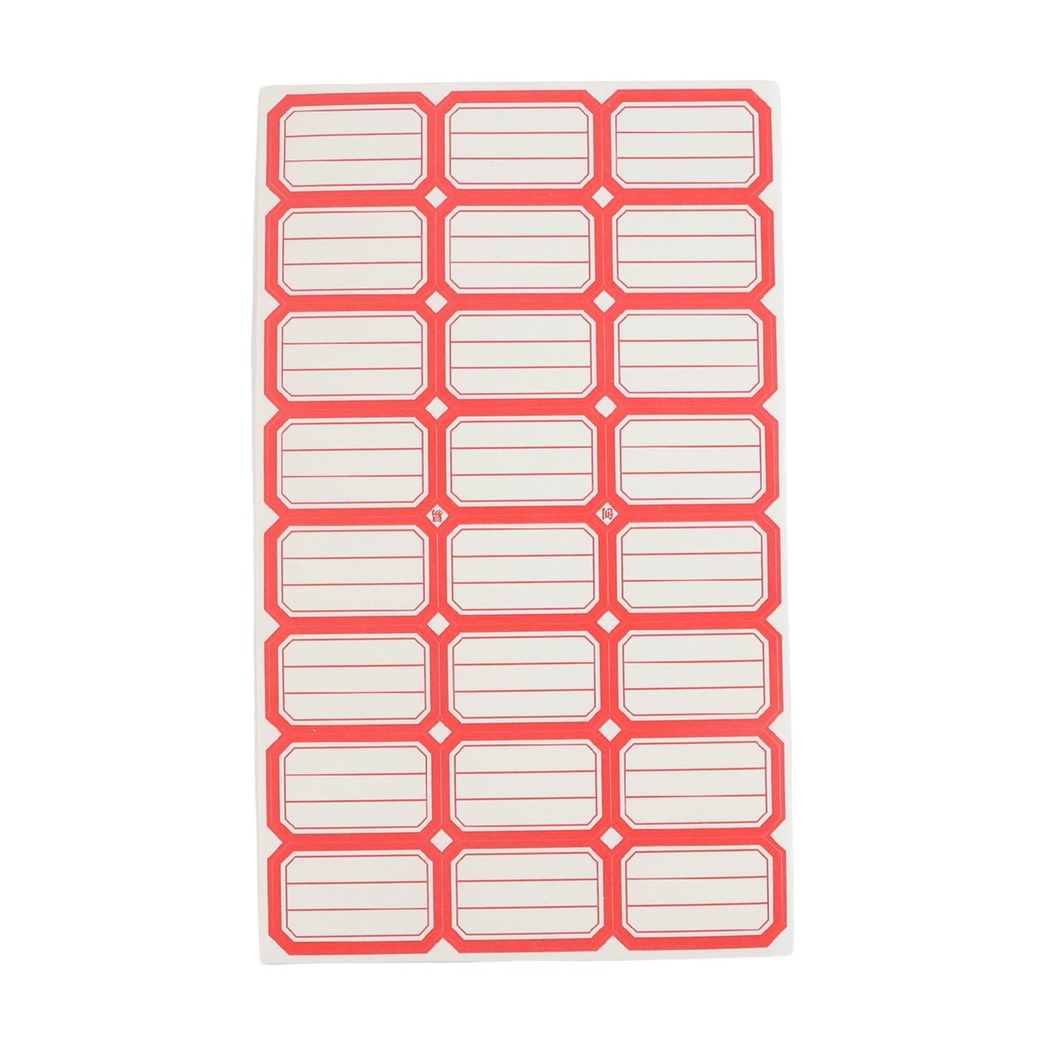 Single sheet showing multiple red and white self-adhesive rectangular label stickers