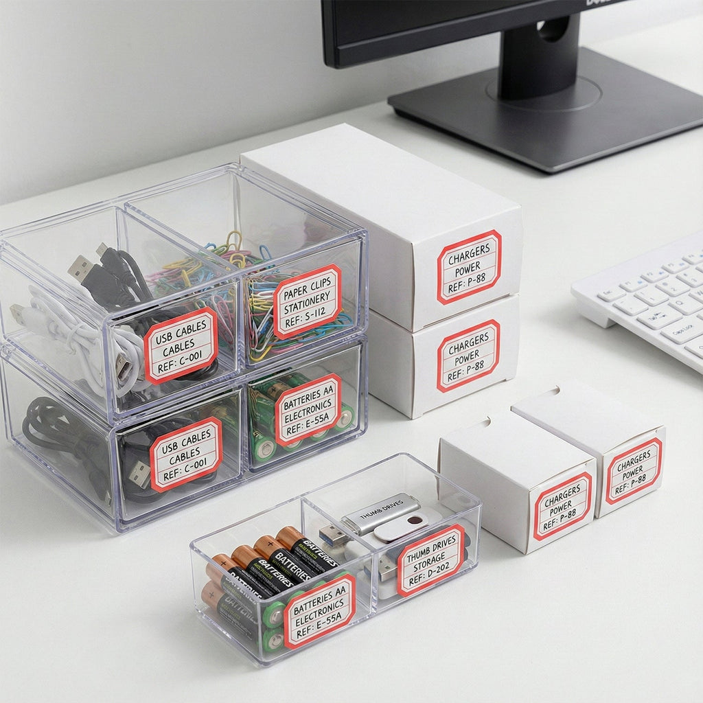 Kitchen organizer using self-adhesive rectangular label stickers for clear labels