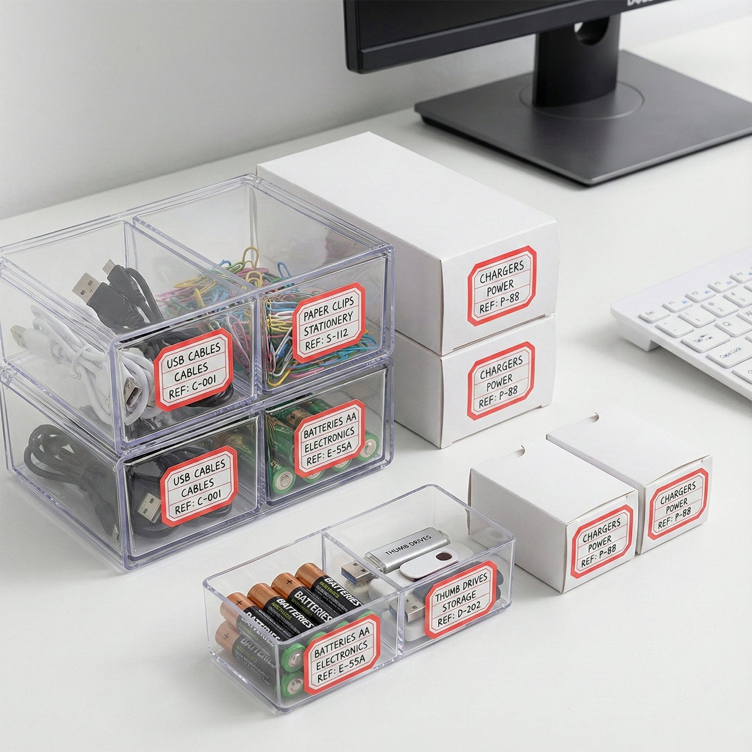Kitchen organizer using self-adhesive rectangular label stickers for clear labels