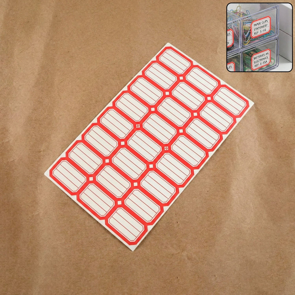 Sheet of red and white self-adhesive rectangular label stickers arranged neatly