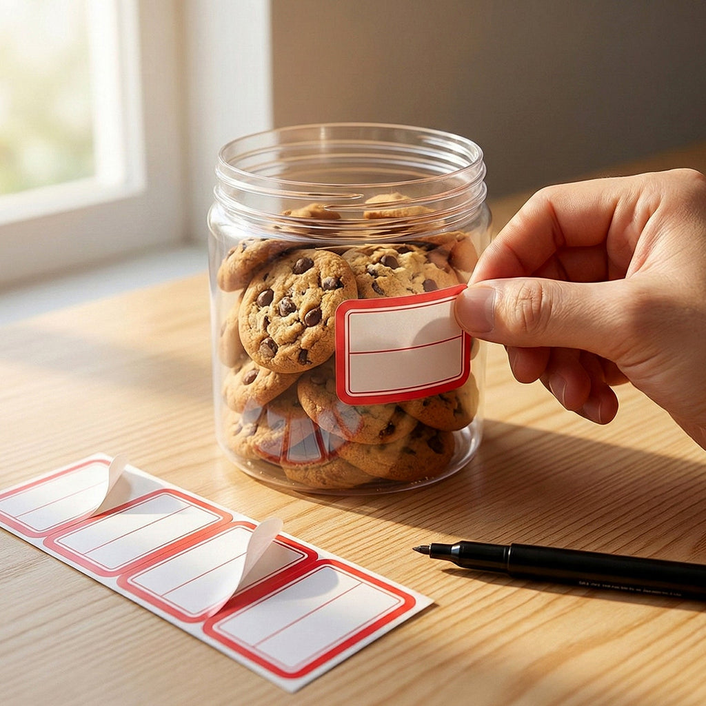 Red and white self-adhesive label stickers displayed on white background