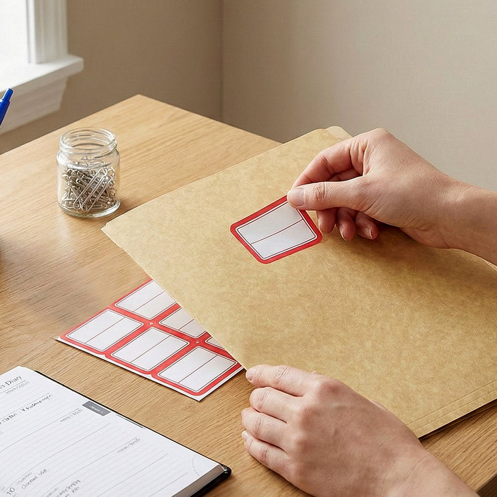 Sheet of self-adhesive label stickers with red and white design