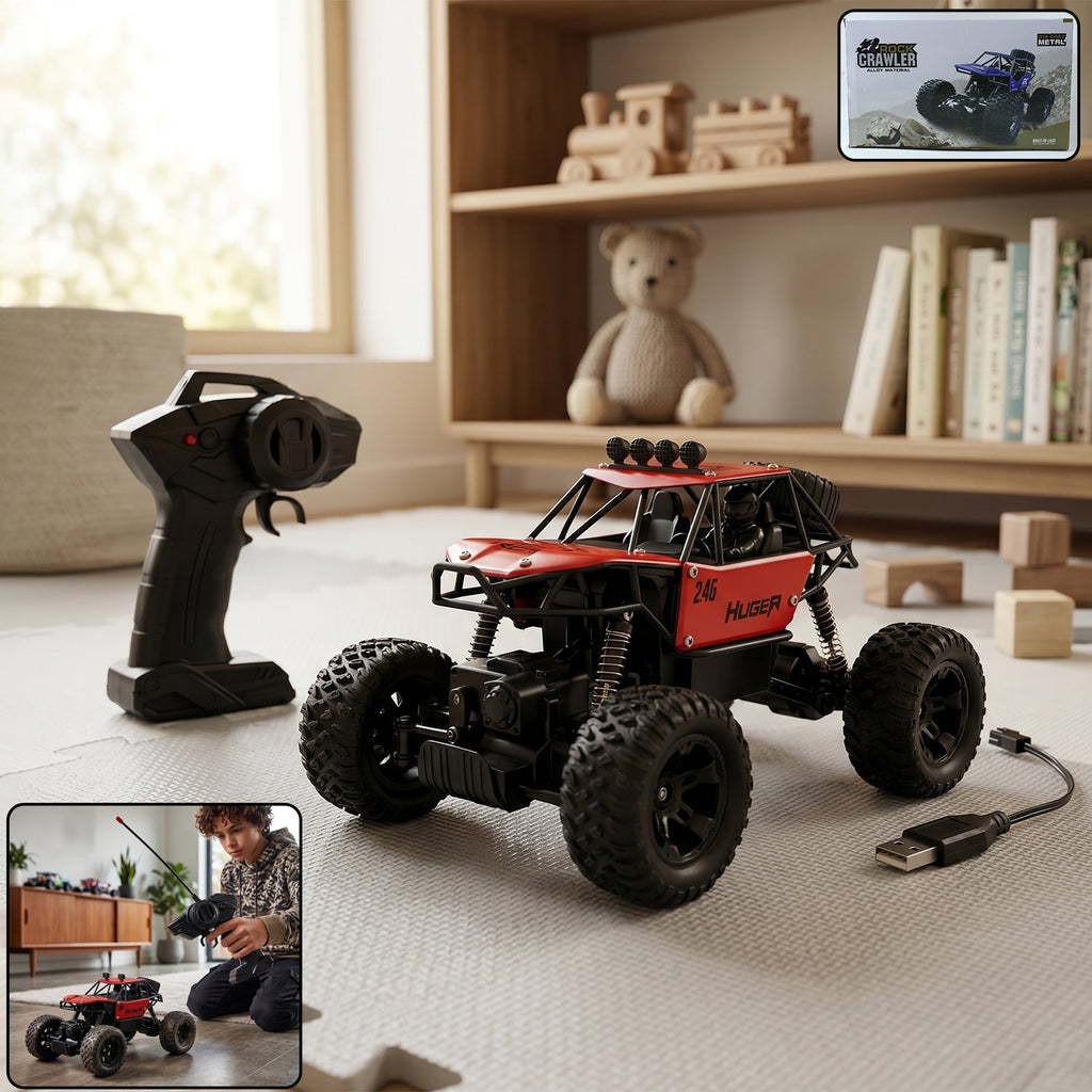 Front view of the red and black Rock Crawler RC Truck ready for action.