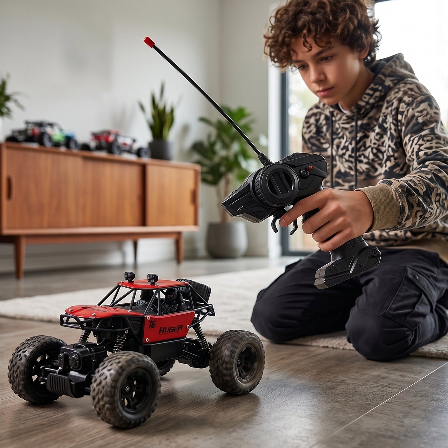 Rock Crawler RC Truck in dynamic off-road action, kicking up dust.
