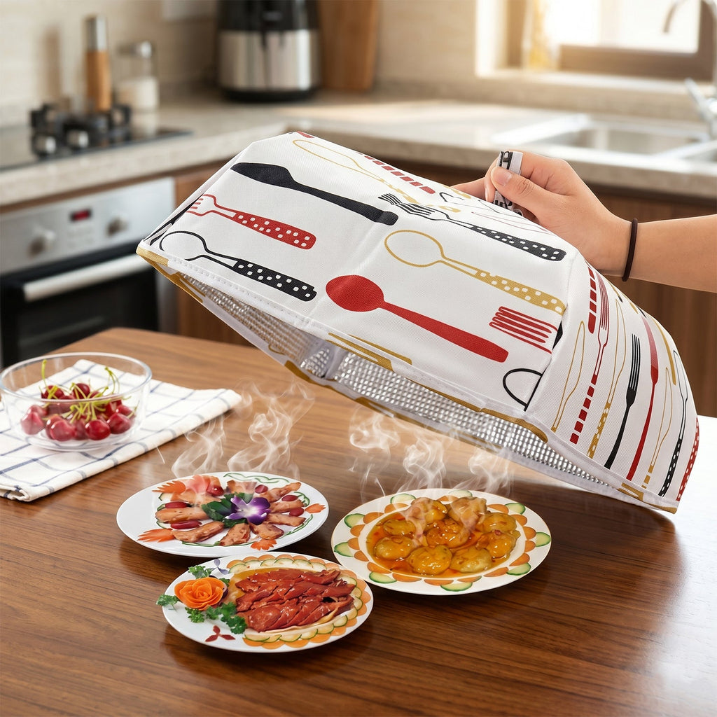 Reusable fabric food cover protecting snacks on a dining table