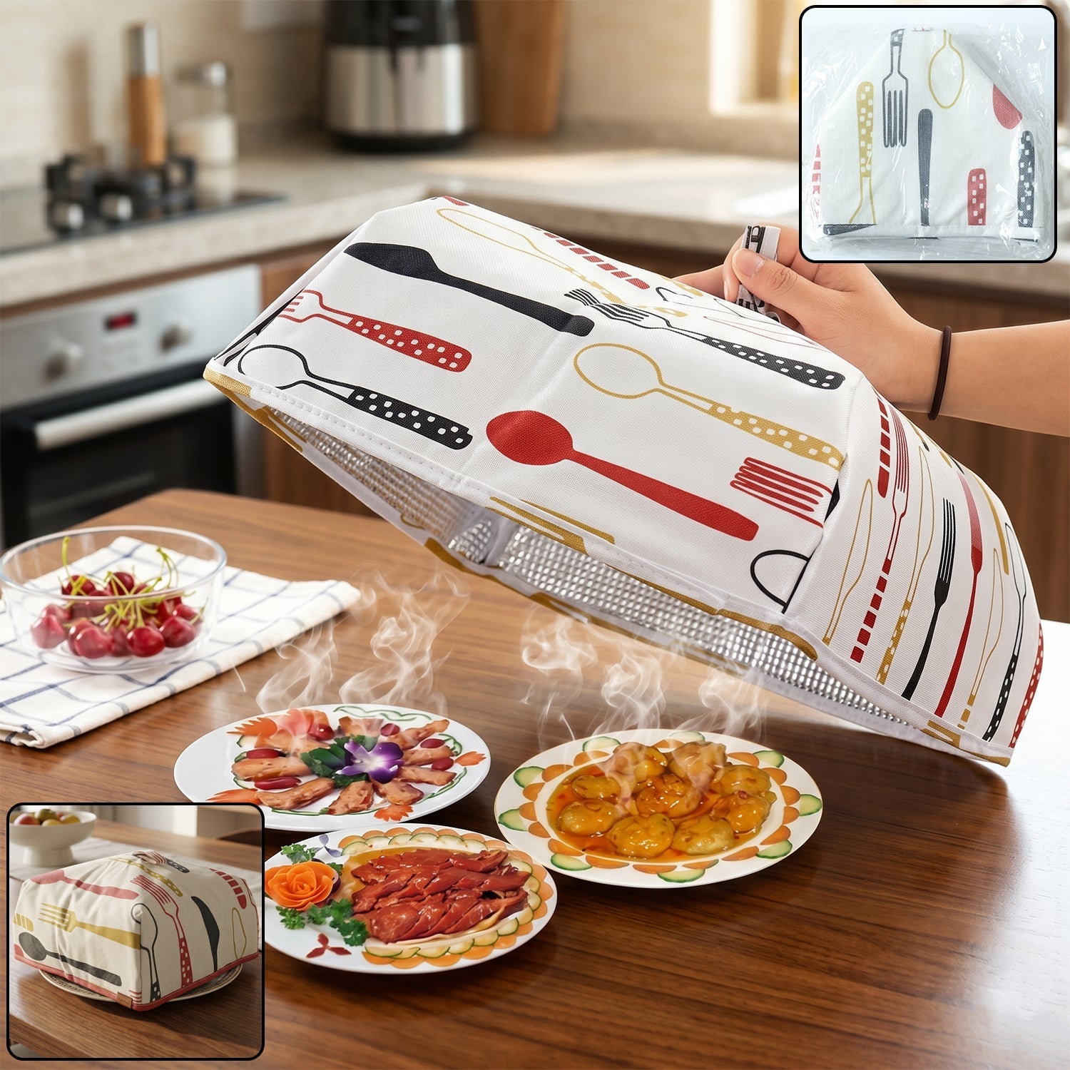 Small size reusable food cover folded and ready for kitchen use