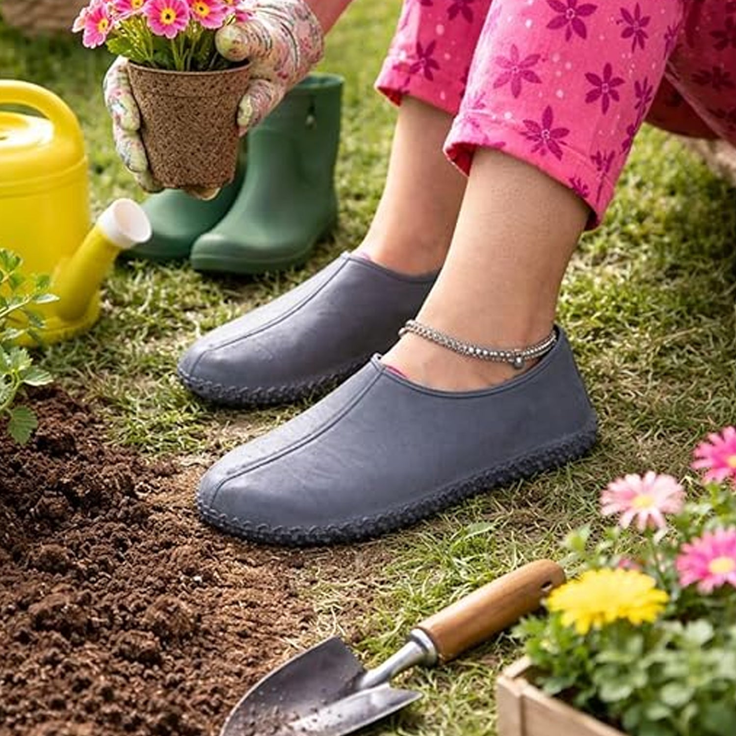 Compactly folded silicone shoe covers demonstrating their portability and ease of storage.