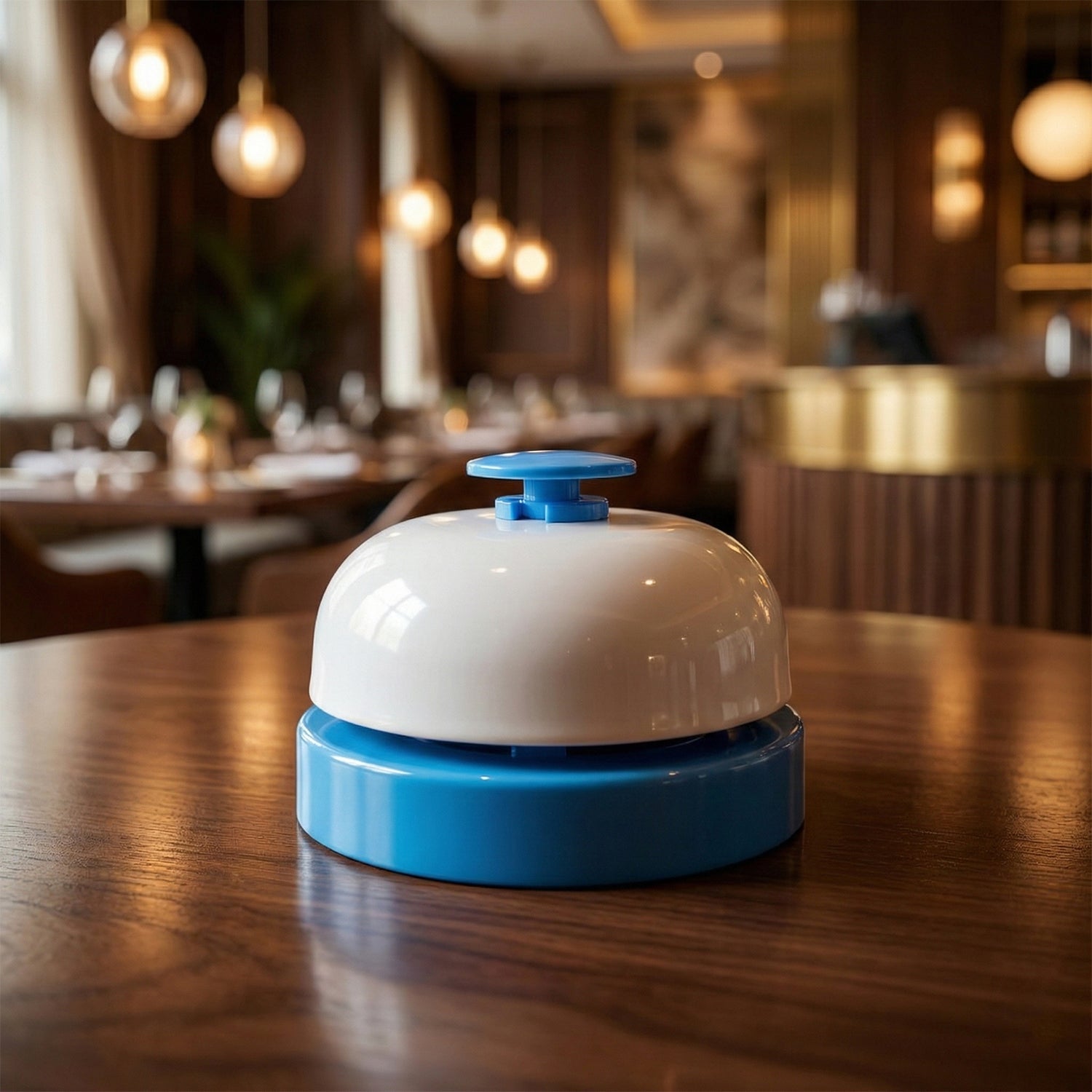 Side angle view of desk ring bell on table