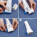 Hand using ergonomic plastic tube squeezer to roll toothpaste tube
