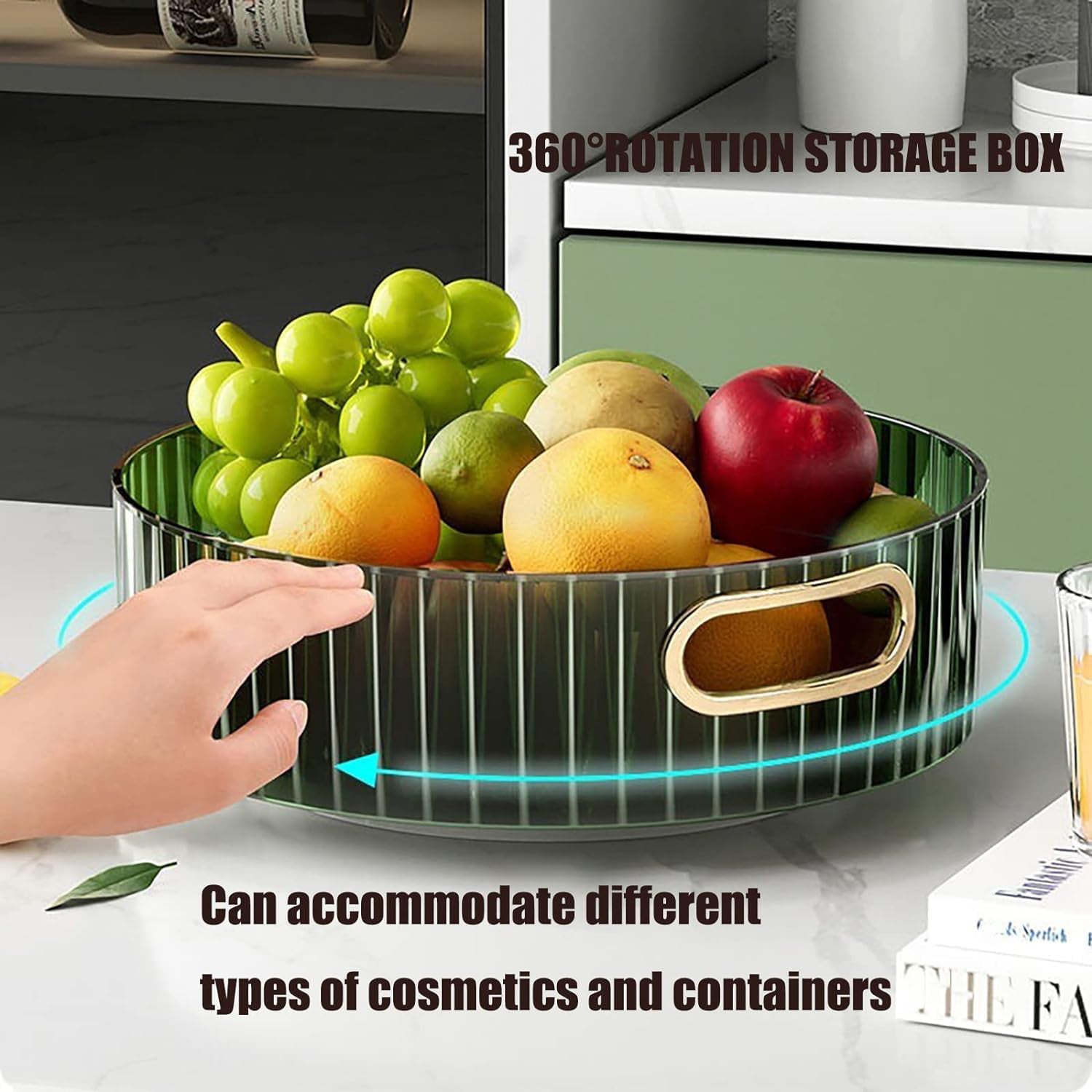 Top-down view of the round rotating storage rack with golden handles.