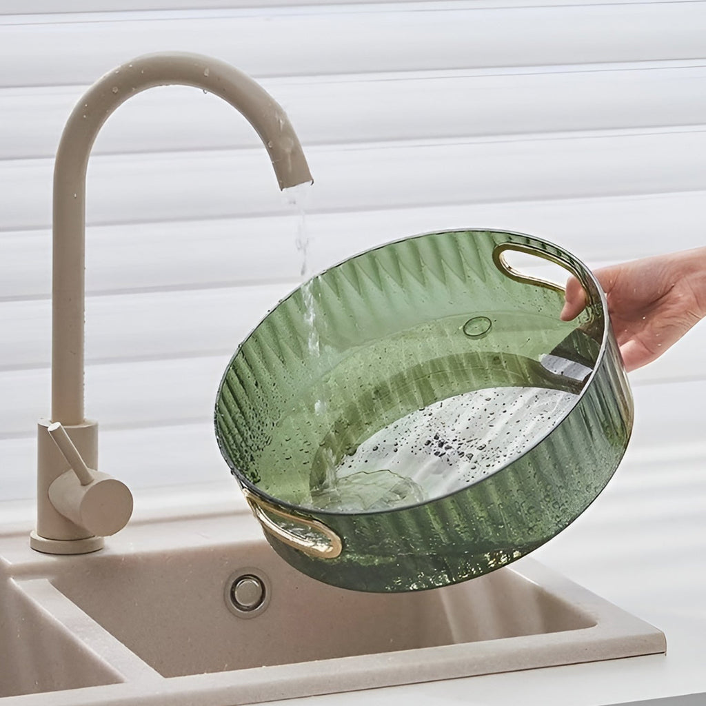 Rotating storage rack used for cosmetics and beauty products on a dressing table.