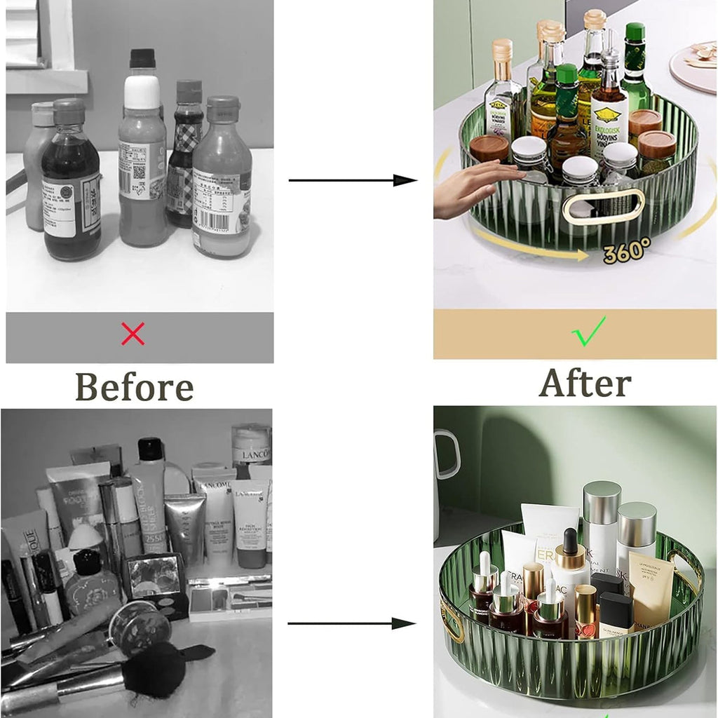 Rotating storage rack on a kitchen counter with spices and condiments.