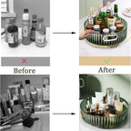 Rotating storage rack on a kitchen counter with spices and condiments.