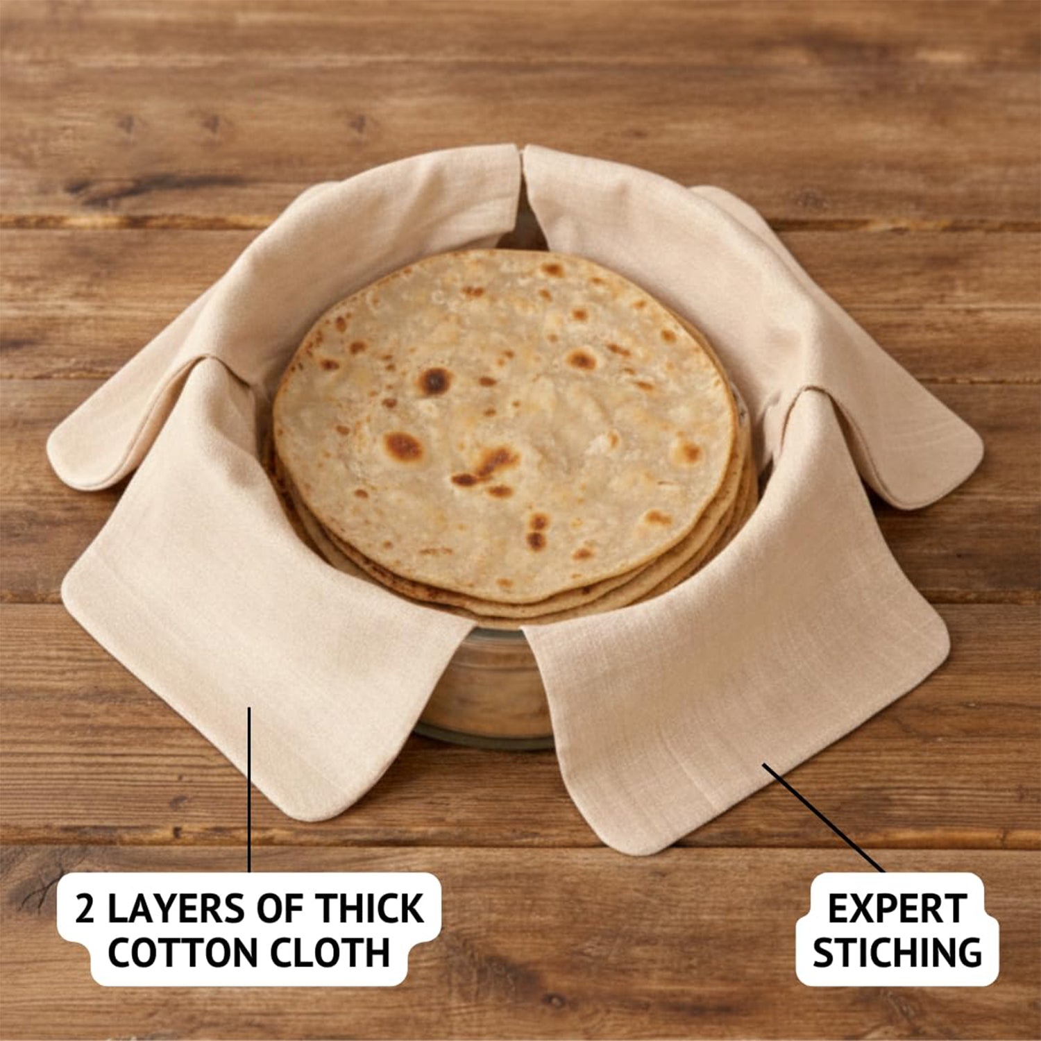 Chapati wrapped in cotton cloth to retain softness and warmth