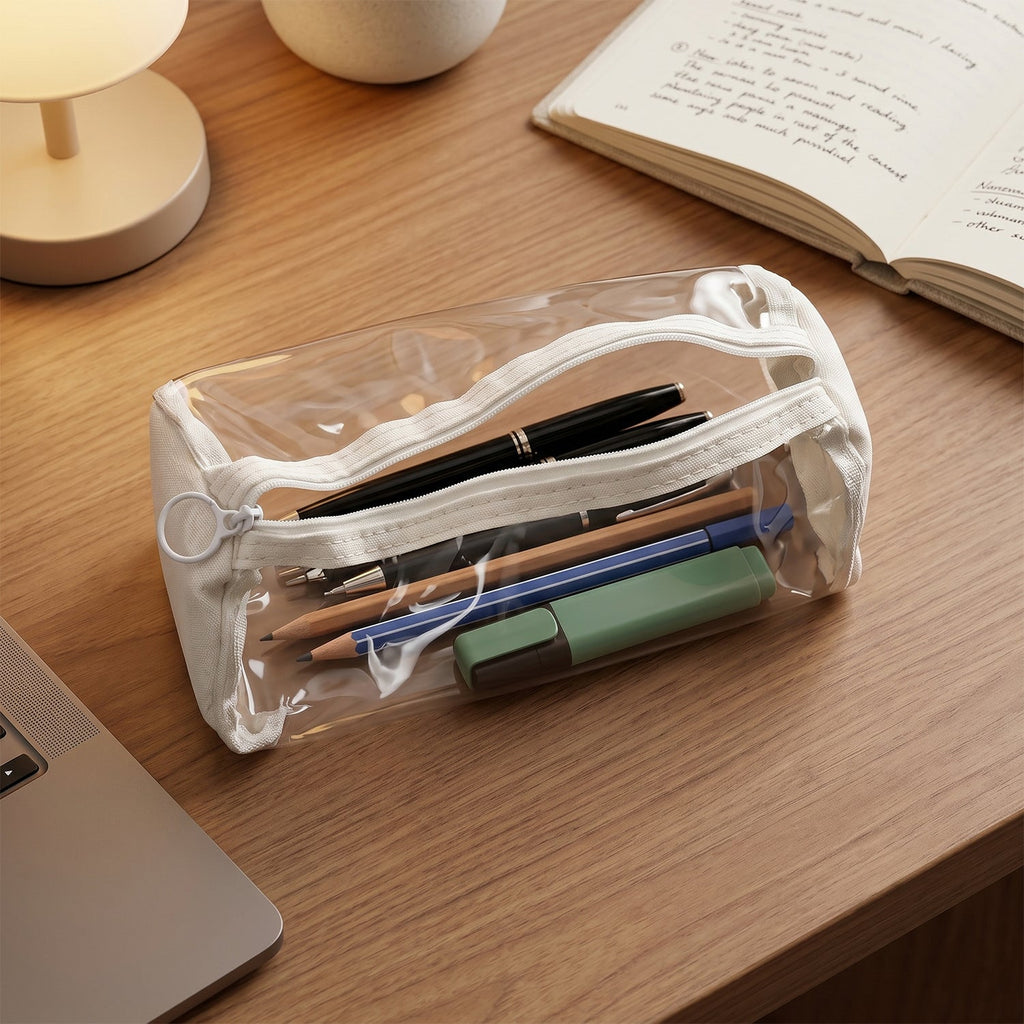 Transparent PVC pencil case with zipper for stationery storage