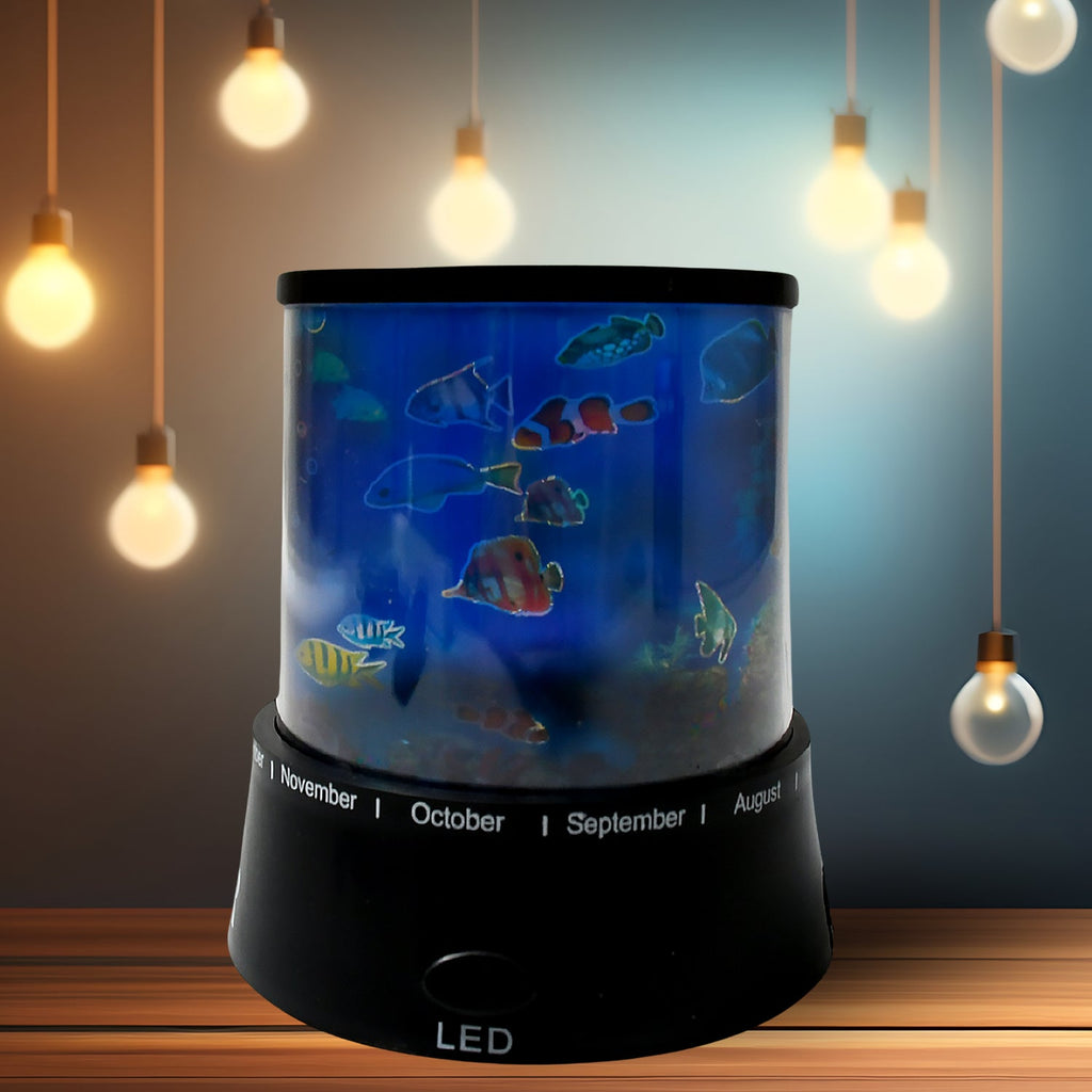 LED Projector Night Light illuminating a dark room with vibrant star and moon patterns.