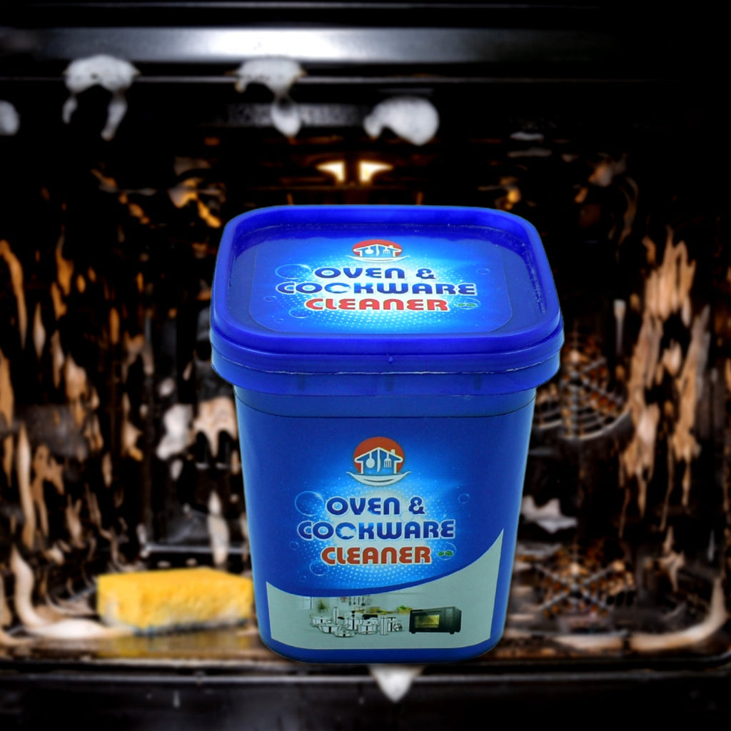 Packaging of the  Oven Cleaner Powder, highlighting its key features and brand logo.