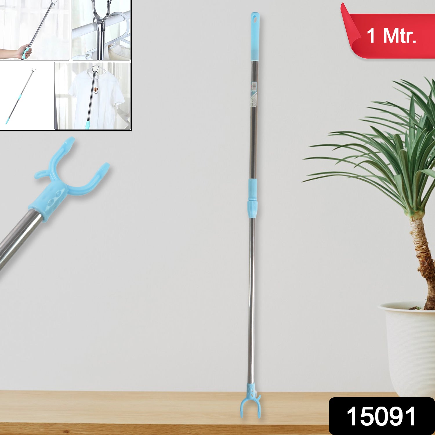 Adjustable clothes reaching stick with hook for accessing top shelves.