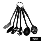 Close-up of the black non-stick spoon set, highlighting different utensil types.