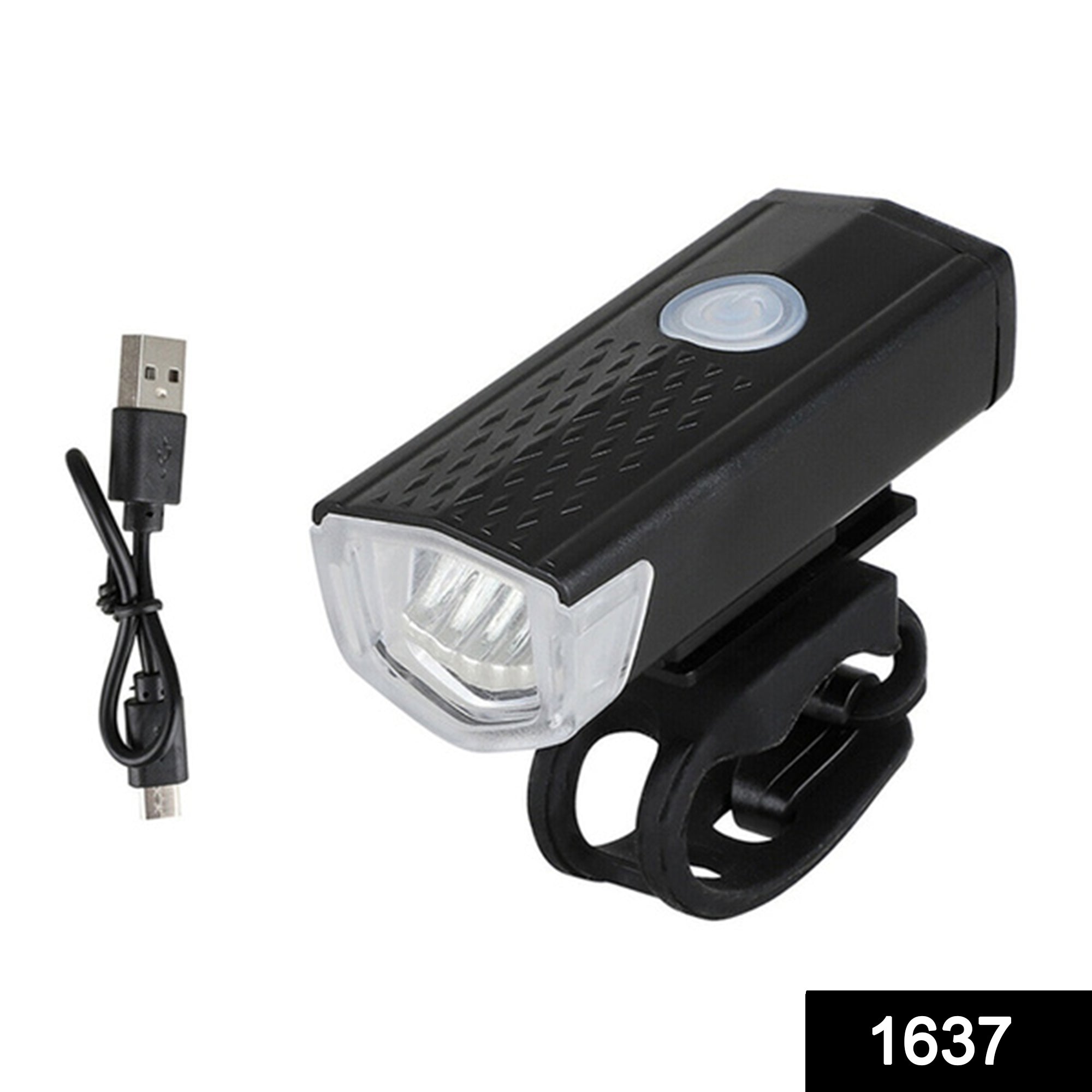 Bright front bike light illuminating a dark path.