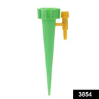 Close-up of a self-watering spike with adjustable flow control valve.