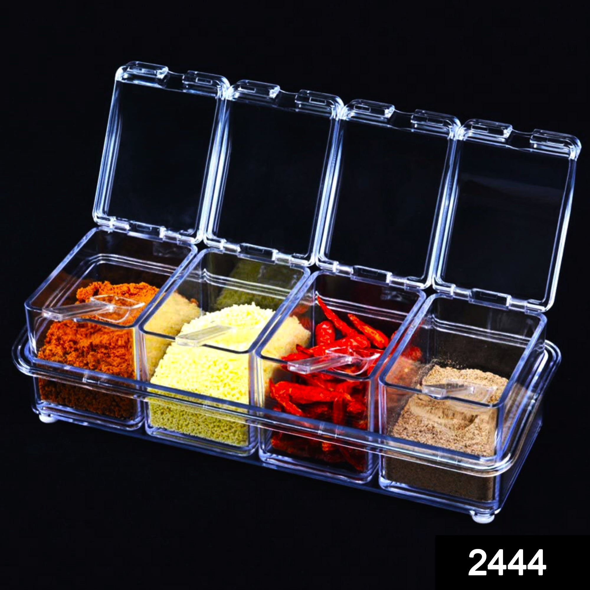 Transparent seasoning box set for kitchen masala storage.