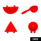 Close-up of the red plastic dough press with a perfectly crimped samosa.