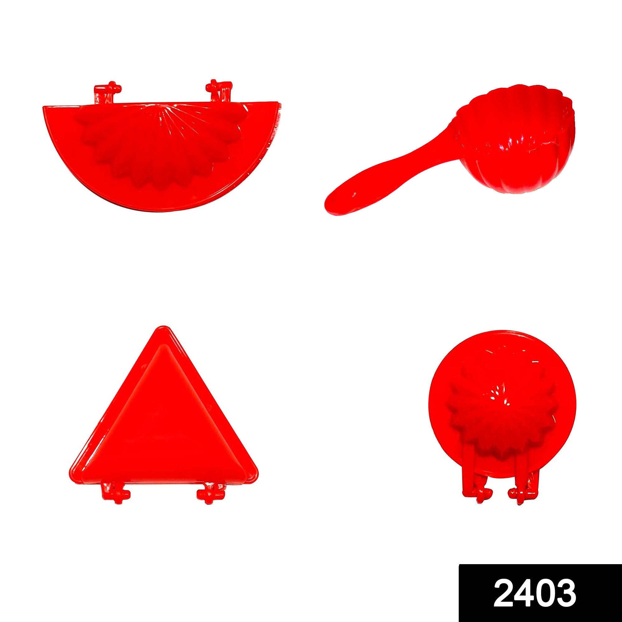 Close-up of the red plastic dough press with a perfectly crimped samosa.