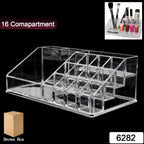 Close-up of clear acrylic compartments holding cosmetic products