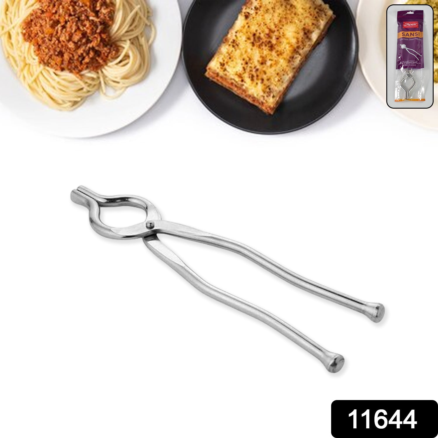 Close-up of strong grip stainless steel pakkad tong for kitchen use