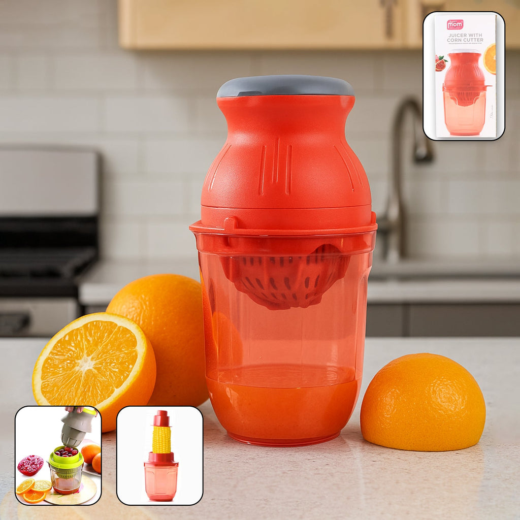 Supermom manual juicer with corn cutter in use with fresh citrus fruits