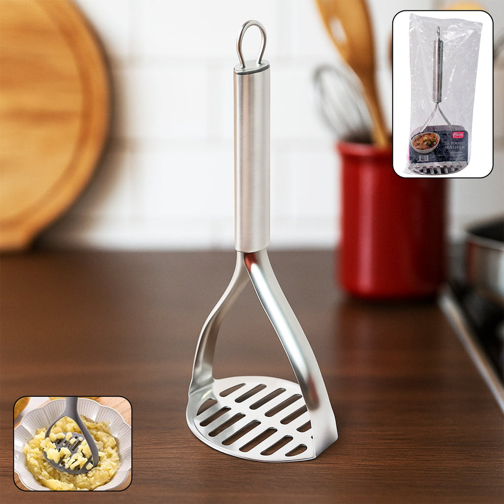 Stainless steel potato masher with ergonomic handle for easy mashing