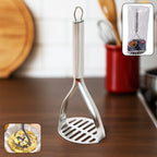 Stainless steel potato masher with ergonomic handle for easy mashing