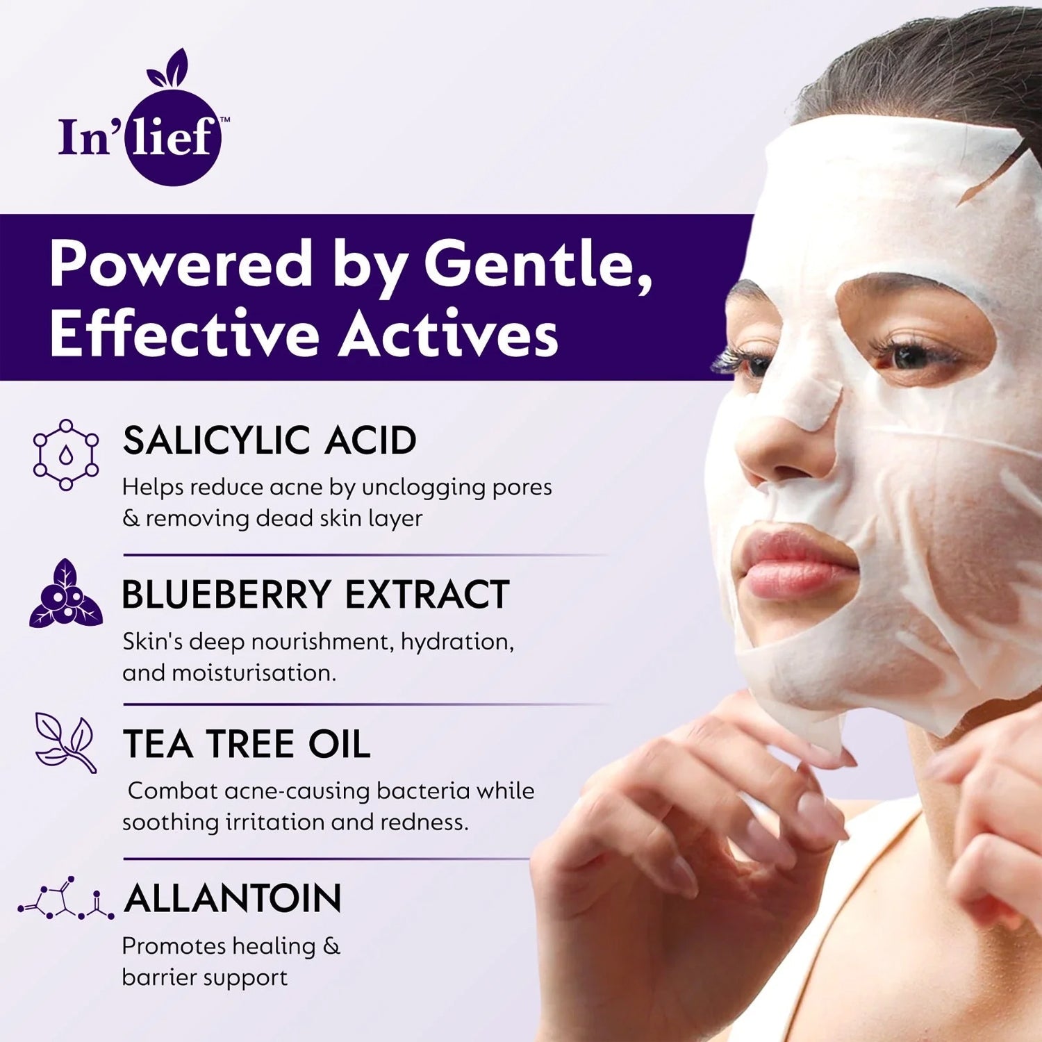 Close-up of Salicylic Acid 1% Sheet Mask ingredients highlighting blueberry extract and peptides